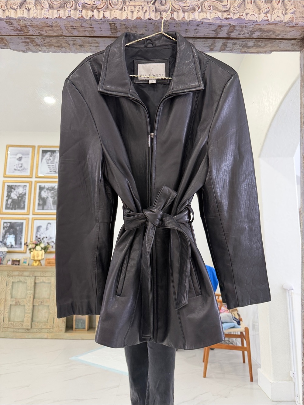 Vintage Nine West Black Leather Tie-Waist Jacket with Zip Front